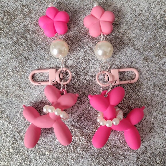 Set of 2 Cute Balloon Dog with Pearls & Flower Charm Keychains Pink & Fuchsia - Picture 6 of 6